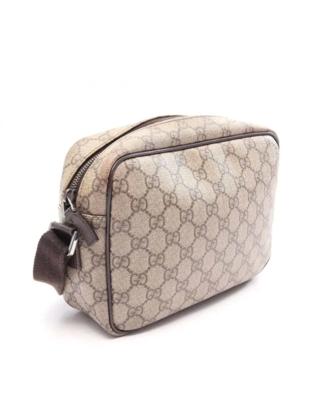 Gucci Shoulder Bag GG Plus Beige Brown Co Ting Canvas Leather Split